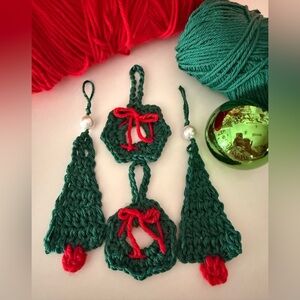 Handmade Crochet Christmas Ornaments Set of 4 (Tree & Wreath)
